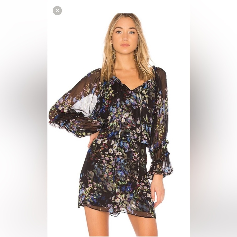Perfect Fall 🍁Parker Black + Multicolor Floral Silk Ruffle Trim Tie Neck Dress